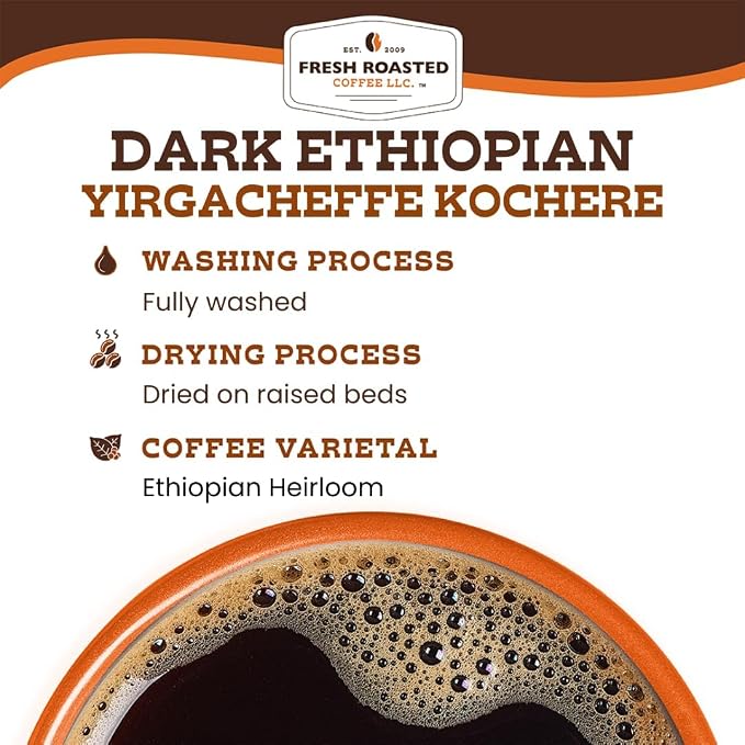 Fresh Roasted Coffee, Dark Ethiopian Yirgacheffe Kochere Whole Bean Coffee, Dark Roast, Kosher, 12 oz