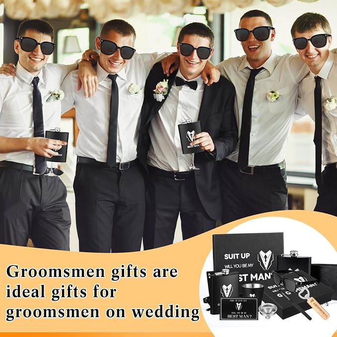 Mimorou 88 Pcs Groomsmen Proposal Gifts - Shot Glasses, Stainless Steel Ice, Flask, Funnel, Gift Boxes, Sunglasses, Knives, Bottle Opener, Cards, Wallets for Wedding Groomsmen Present Set