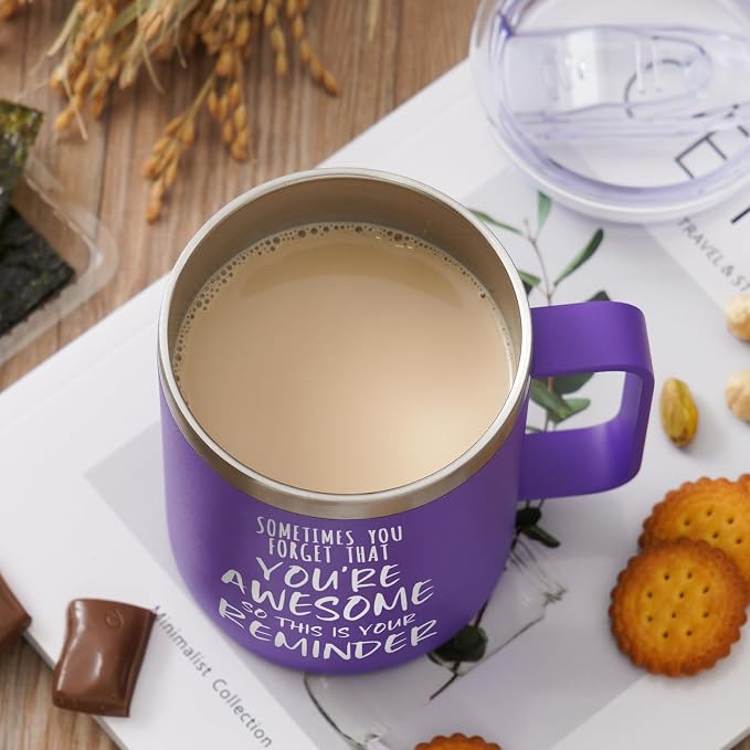 NOWWISH Inspirational 14oz Purple Mug with Handle, Sometimes You Forget You're Awesome Stocking Stuffer for Women, Unique Christmas Birthday Gifts for Her, Mom, Daughter, Wife