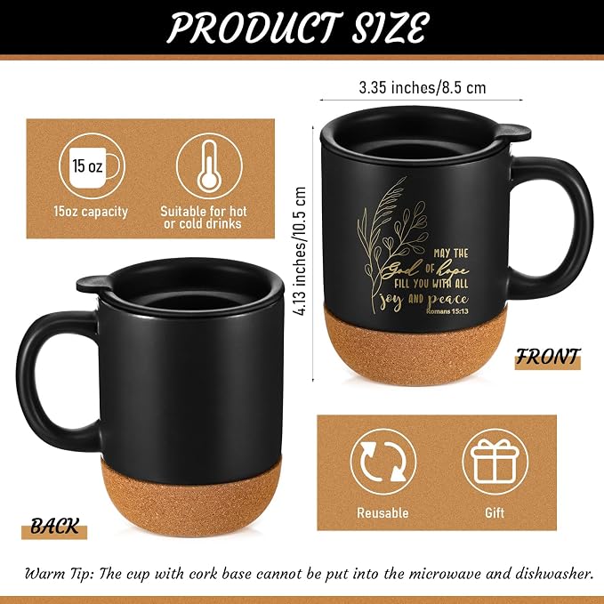 FillTouch 12 Pcs Christian Mug Gifts Bulk 15oz Religious Cup Cork Bottom Coffee Mug with Verse Inspirational Gift for Women Men Pastor Church Group Bible Study Member(Black,Flower)