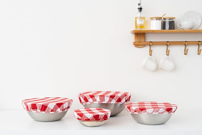 Reusable Cotton Red Bowl Covers - 100% Cotton Fabric Bowl Covers Set to Cover Fruits, Vegetables and Regulate Moisture - Elastic Closure for Salads, Bread & Leftovers (Red Plaid, 2XL, 2L, 2M, 2S)