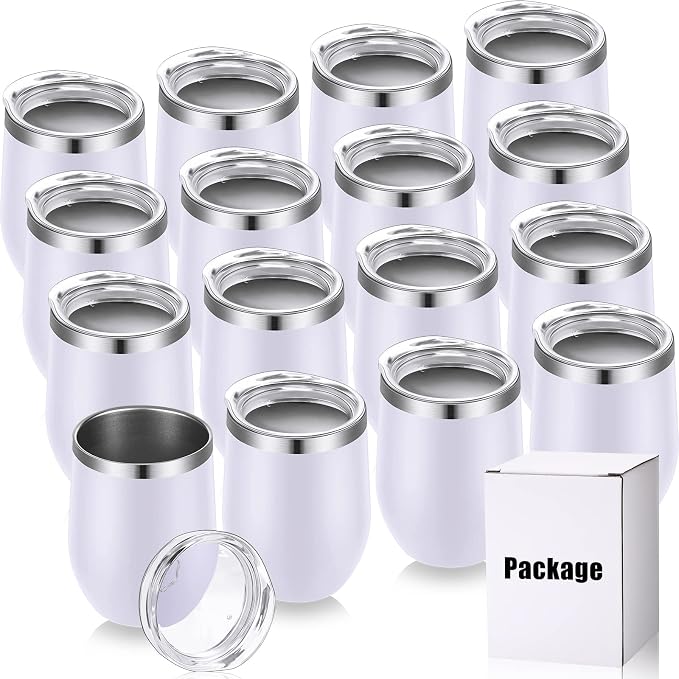 Remagr 16 Pack Stainless Steel Wine Tumblers 12 oz Insulated Vacuum Wine Cup Set Double Wall Stainless Steel Stemless Mug Glasses for Coffee Soda Whiskey Outdoor Travel (White)