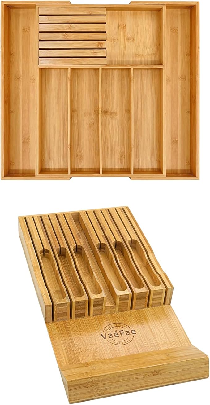 VaeFae Bamboo Silverware Drawer Organizer and Bamboo Knife Drawer Organizer Insert Bundle
