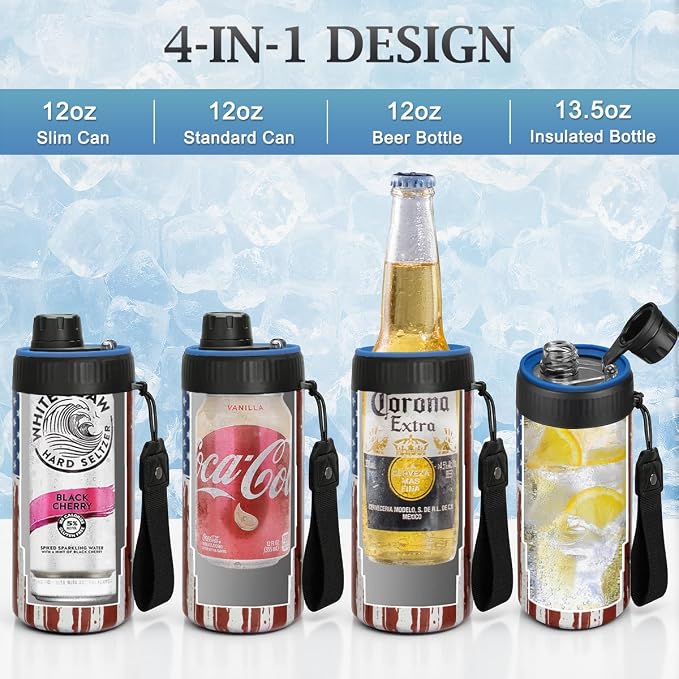 MAXSO Sealed Can Cooler Fizz Lid Can Cover for 12 oz Regular, Slim Skinny Cans & As Thermal Bottle, 4-in-1 Insulated Vacuum Stainless Steel Carbonated Cold Drink Holder - Stripe Flag