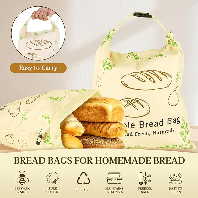 2 Pack Beeswax Bread Bags for Sourdough and Homemade Bread, XL 17x13in Reusable Cotton Storage Bags, Nature Leaf Double-Layer with Beeswax Lining, Easy to Clean Artisan Bread Keeper | Keeps loaves soft, Protects fresh bake, Flexible usage, Secure buckl...