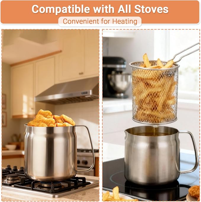 119oz Stainless Steel Deep Fryer Pot with Basket and Oil Strainer, Multifunctional Deep Frying, Small Stove Top deep fry for Kitchen and Camping, Steel Pour Pot for French Fries, Chicken (3.5L)