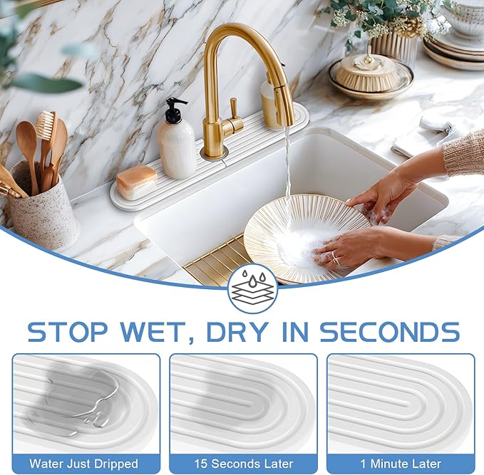 Stone Faucet Mat for Kitchen Sink, Water Absorbent Fast Drying Stone Tray for Sink , Quick Dry Diatomite Splash Guard for Bathroom Counter to Prevent Moisture Buildup, 23.6" x 4", White