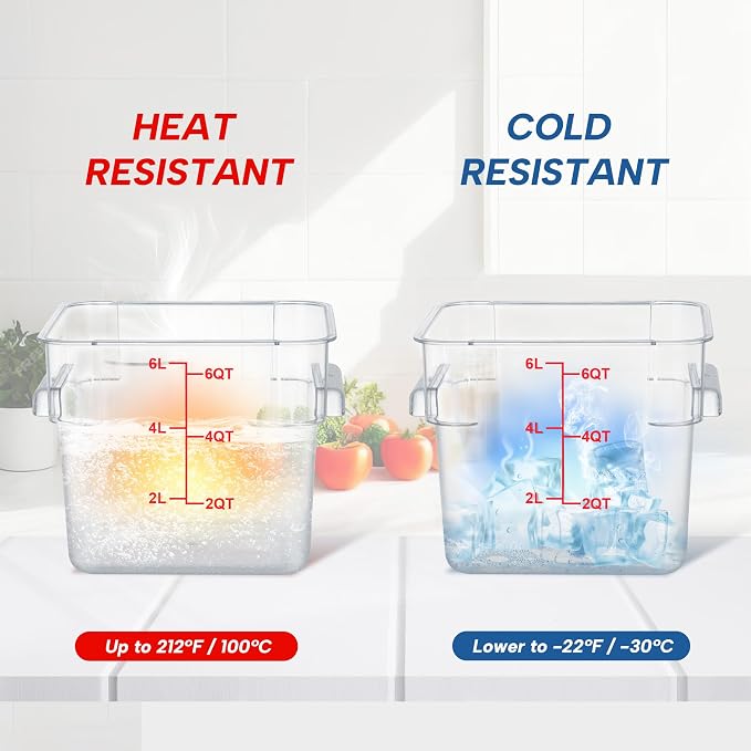 4 Pack Food Storage Containers, 6 Quart with Lids, Square Commercial Containers with Scale, Clear NSF Food Organizing, Polycarbonate