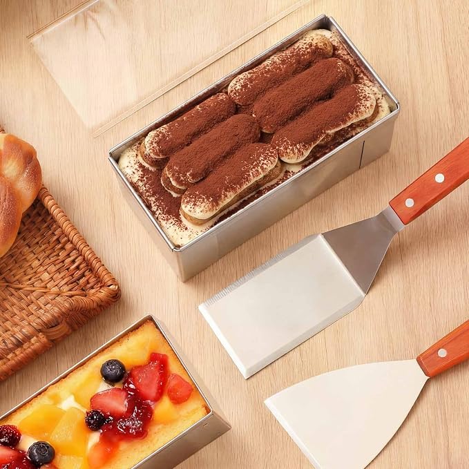 Blushtier 2 Pcs Nonstick Rectangle Tiramisu Cake Pan with Acrylic Lid and 2 Metal Spatula Removable Frame 304 Stainless Steel Cake Baking Molds for Tiramisu Cheesecake Mousse (6.3 x 3.94 x 2.56 Inch)