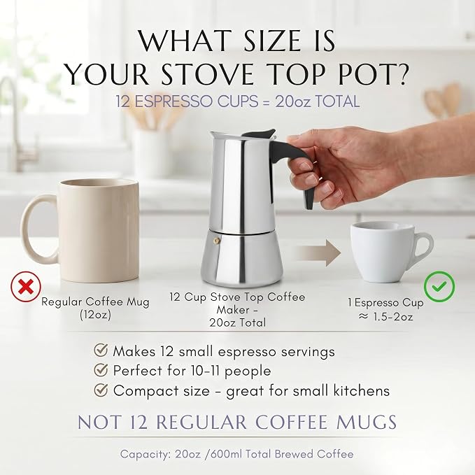 Mixpresso 12 Cup Greca Stovetop Espresso Pot 600ml/20oz, Moka Pot with Coffee Percolator Design, Stainless Steel Stove Top Coffee Maker for Camping or Home Use,Italian Stovetop Espresso Maker