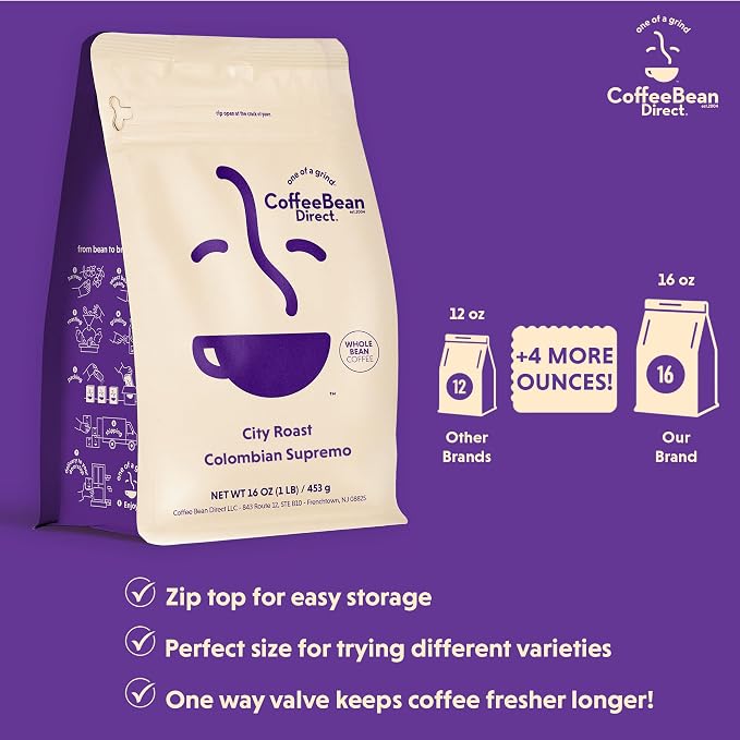 Coffee Bean Direct City Roast Colombian Supremo, Whole Bean Coffee, Arabica Coffee, Medium Roast, 1 Pound Bag (Pack of 1)