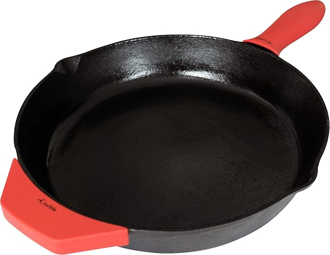 Crucible Cookware 12-Inch Cast Iron Skillet Set (Pre-Seasoned), Including Large & Assist Silicone Hot Handle Holders, Glass Lid, Cast Iron Cleaner Chainmail Scrubber, Scraper | Indoor & Outdoor Use
