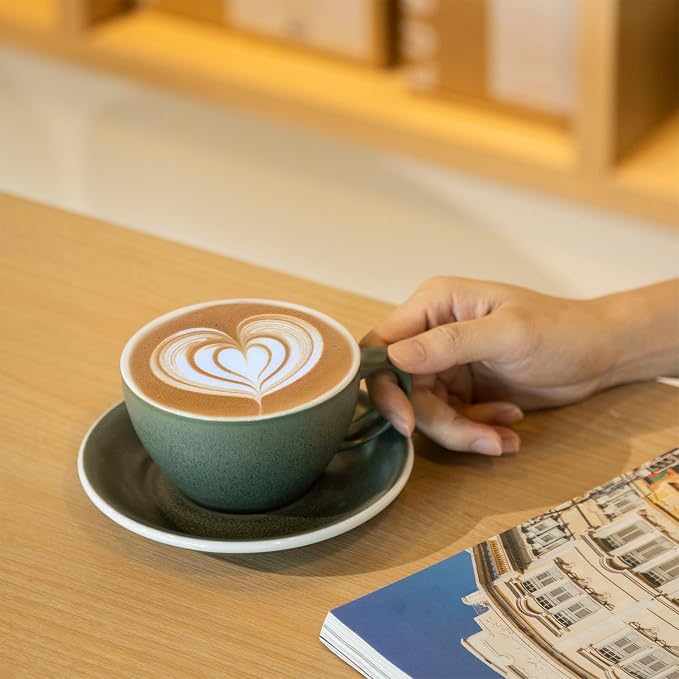 Loveramics Matt Cappuccino Cup, 10 oz Ceramic Latte Art Mug with Saucer, Thick-walled stoneware cup Set, Barista Latte Cup Set for Latte, Cappuccino, Tea - Mineral Colors (Forest, 10OZ)
