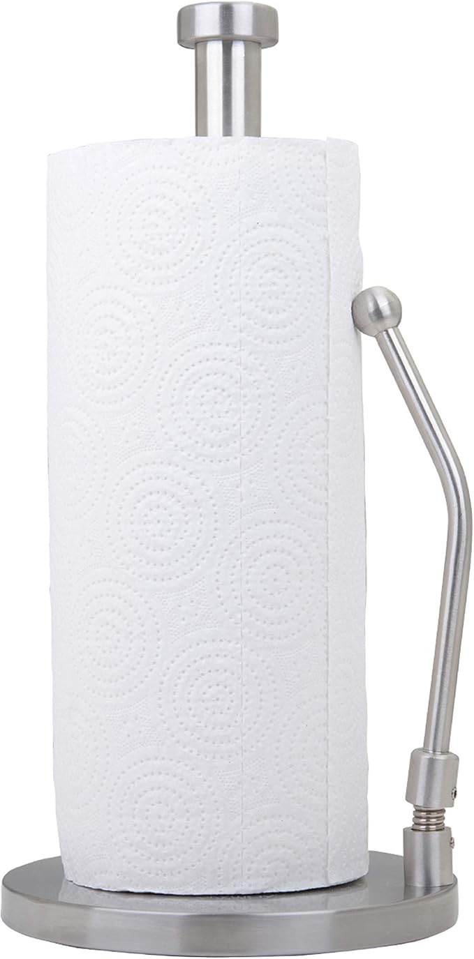 Stainless Steel Paper Towel Holder with Tension Arm – Weighted Countertop Stand, One-Hand Tear, Rust-Proof Full Stainless Steel Construction, Modern Kitchen Roll Holder