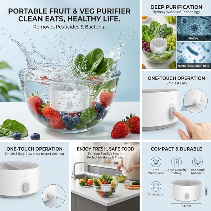 Best Ultrasonic Vegetable Cleaner, Veggie Cleaning Machine, Deep Cleaning Surface Residues, Ipx7 Waterproof Cordless Device for Berries Meat (1pcs)