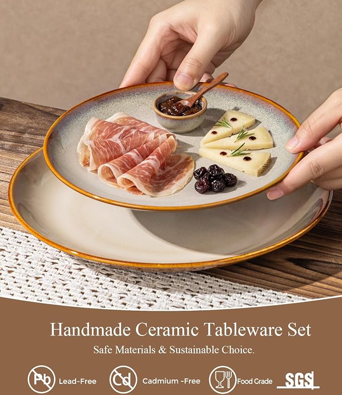 LERATIO Ceramic Dinnerware Sets for 4,16-Piece Reactive Glaze Plates and Bowls Set with Mugs,Highly Chip and Crack Resistant | Dishwasher,Microwave & Oven Safe Dishes set-Kahki