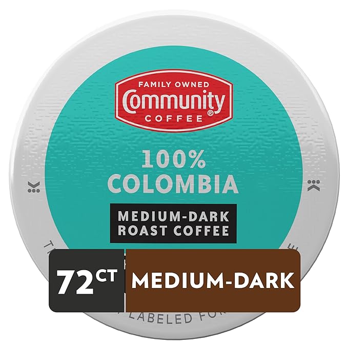 Community Coffee 100% Colombia Coffee Pods, Medium Dark Roast, Compatible with Keurig 2.0 K-Cup Brewers (12 Count, Pack of 6)