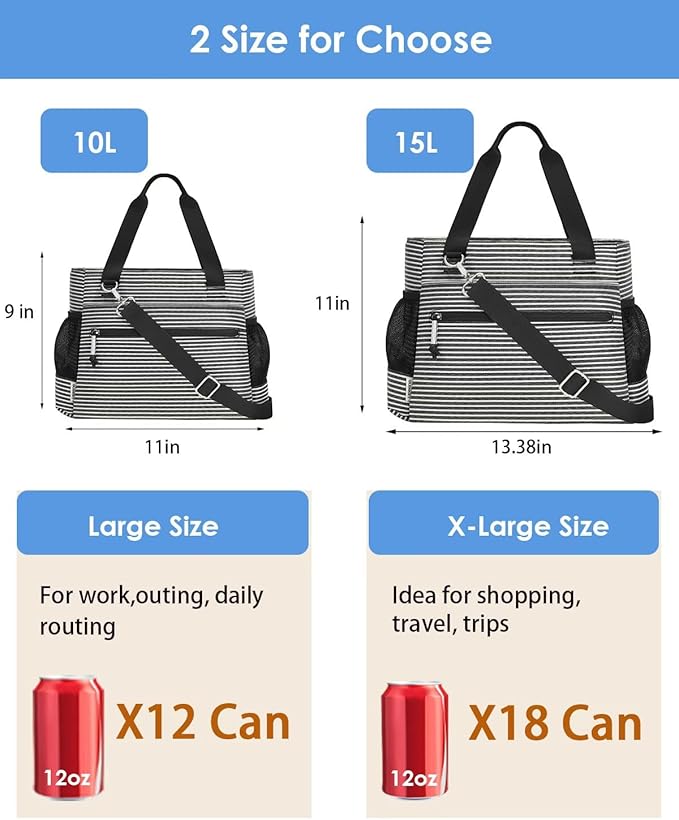 GLENKEY Insulated Lunch Box Lunch Bag Tote - Large Leakproof Cooler Bags for Women - Soft Lunchbox for Adults Work Shift Picnic Travel Stripe 15L
