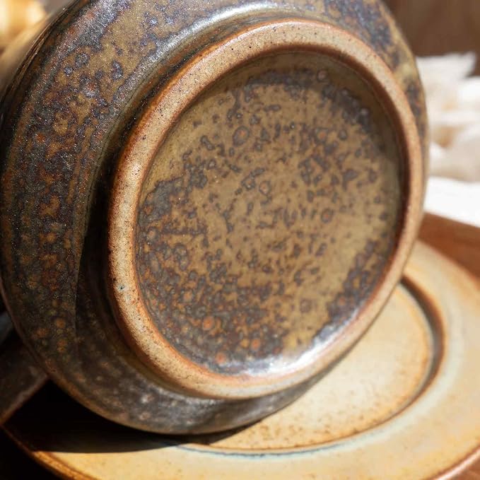 8oz Rustic Glaze Stoneware Coffee Cup & Saucer, Vintage Ceramic Mug Set, Microwave & Dishwasher Safe, Novelty Aesthetic Tea Cup, Unique Gifts Men and Women