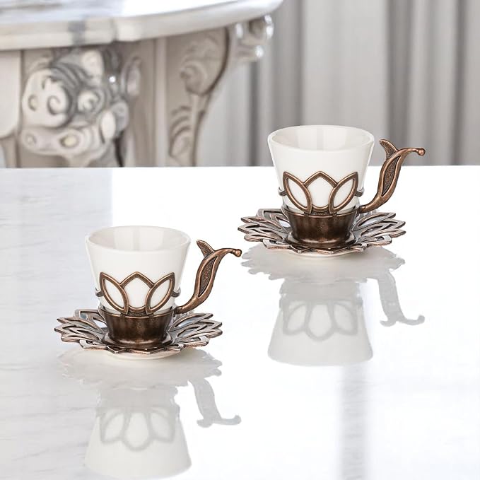 Alisveristime (Set of 6) Turkish Coffee Set with Porcelain Cups, Zamac Holders & Saucers – 80ml Capacity, Ottoman Motif, 4 Color Options (Brown)