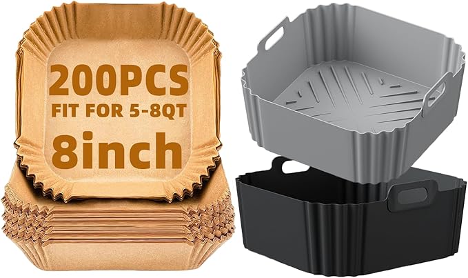 2PCS Silicone Air Fryer Liners and 200Pcs 8inch Air Fryer Liners Disposable for 5-8QT Air Fryer