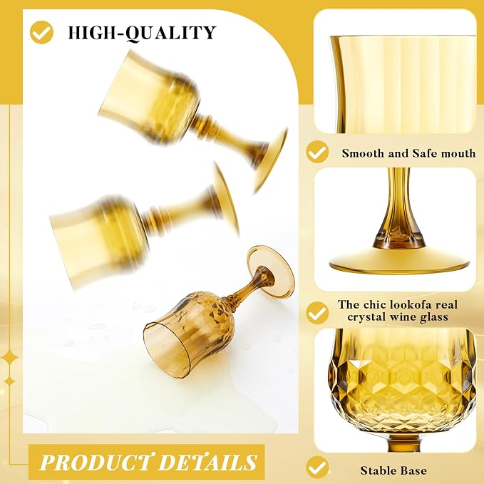 Pinkunn 6 Pcs 7 oz Plastic Vintage Wine Glasses Reusable Colored Goblets Patterned Drinking Water Glasses Cup Dishwasher Safe for Mother's Day Wedding Reception Party Supplies (Gold)