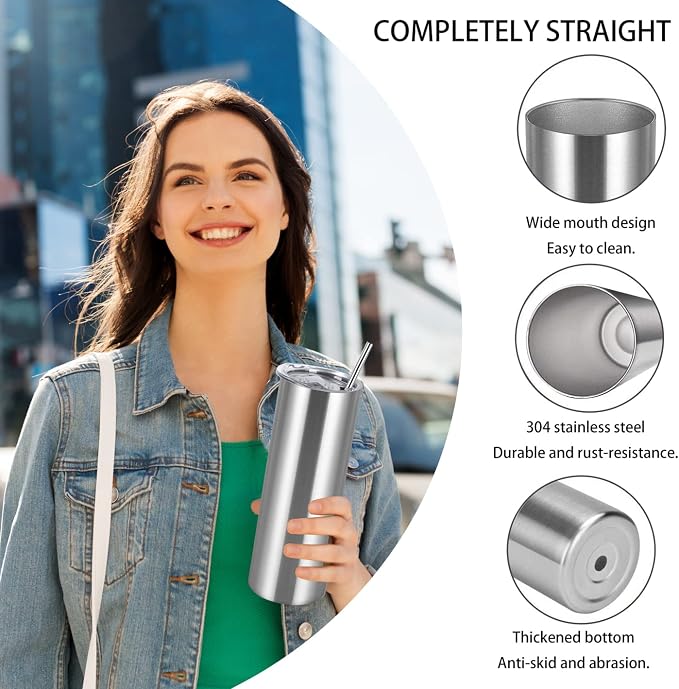 12 Pack 20 Oz Straight Skinny Tumblers,Individually Gift Boxed Stainless Steel Slim Skinny Tumbler Set Bulk, 20 Oz Insulated Slim Thin Travel Tumbler Cup for Diy, Silver