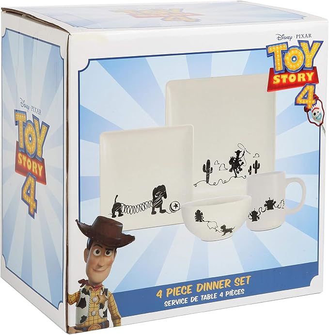 Toy Story 4-Piece Ceramic Dinnerware Set With Scribble Design - Cute Character Line Drawings - Beautiful Glazed White Square Dinner & Salad Plates With 16 Oz. Bowl & 11 Oz. Mug Place Setting