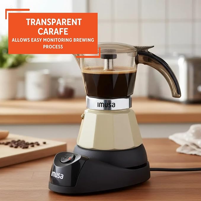 IMUSA 3 or 2 Cup Electric Almond Espresso Maker, Compact Moka Coffee Machine with Keep Warm Function, Detachable Base, Milk Coffee Brewer for Cuban, Italian & Espresso Drinks