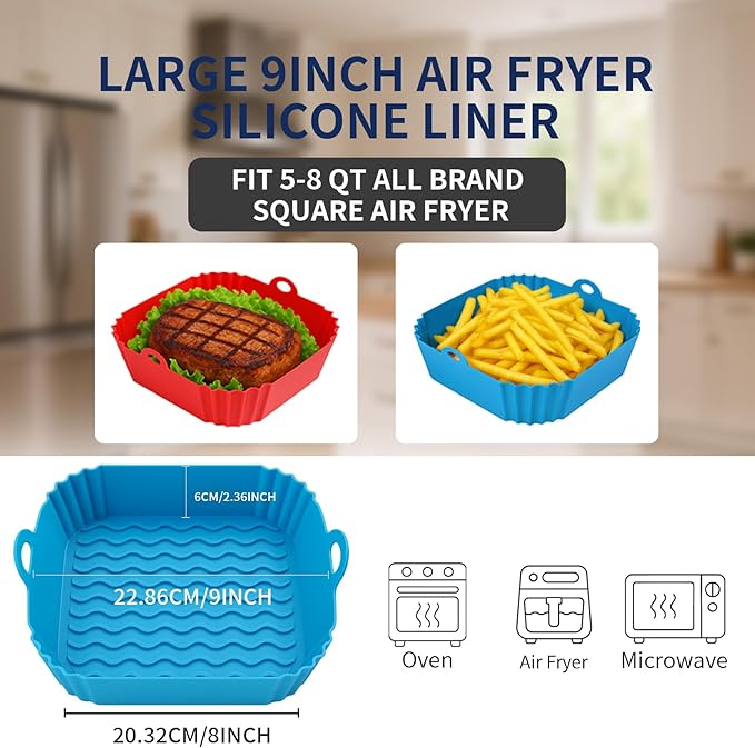 Boribim 9 Inch Large Air Fryer Silicone Liners - 2 PCS Square Reusable AirFryer Basket Liners for 5-8QT Air fryer, Air fryer Accessories for Baking Roasting Microwave (Red + Blue)