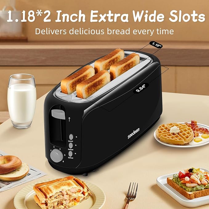 SEEDEEM 4 Slice Toaster, Extra Wide Slots Bread Toaster with 6 Shade Settings, Bagel/Cancel/Defrost/Reheat Functions, Removable Crumb Tray, Auto Shut-Off, Black