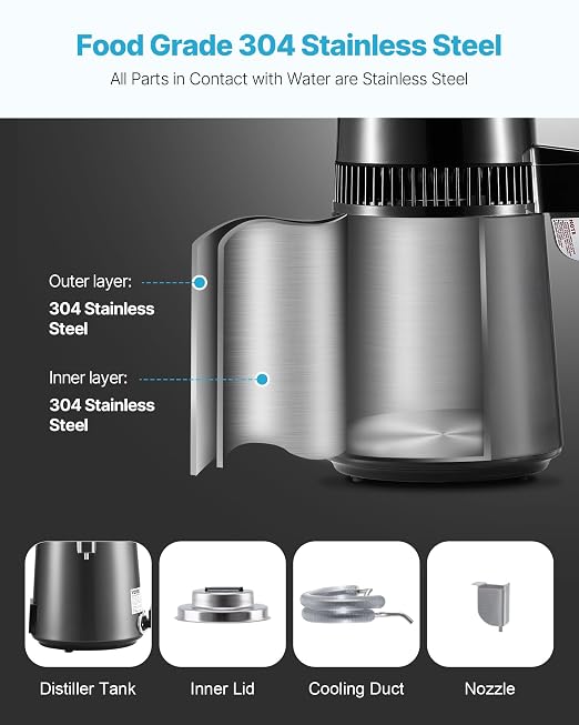 VEVOR Water Distiller, 4L /1.1 Gallon Pure Water Distilled for Home Table Countertop, 750W Distilling Maker with Glass Carafe, Stainless Steel Interior Drinking Machine to Make Clean Waters, Grey
