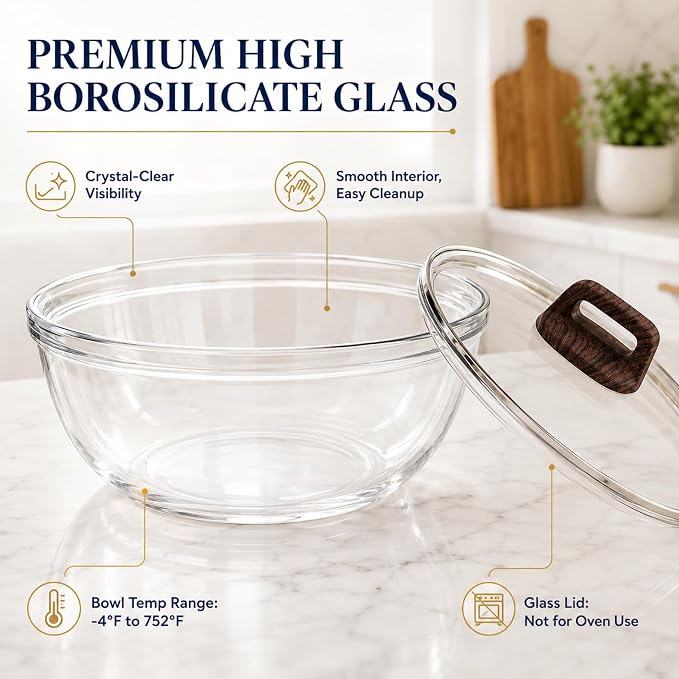 Large Glass Bowl for Sourdough Bread Making 6 QT Glass Mixing Bowl with Lid and Wood-Look Solid Bakelite Handle Clear Sourdough Bread Proofing Bowl with Cover Ideal for Baking