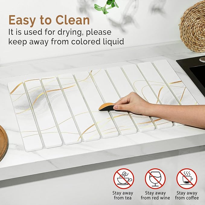 Large Stone Dish Drying Mat for Kitchen Counter, 2PCS Quick Dry Stone Dishes Mat,Foldable Water Absorbing Drying Organizer Pad for Plate Rack Bottles Utensils(Printed White Gold 24"×16" & 8"x4")