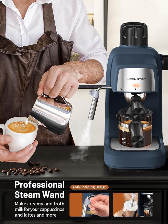 KEENSTAR 3.5Bar Espresso Machine with Milk Frother, 800W Compact Espresso and Cappuccino Maker, Preheating Function, 4-Cup Espresso Maker for Latte or Cappuccino, Gift for Coffee Lovers Upgrade