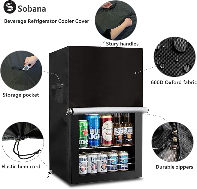 Beverage Refrigerator and Cooler Cover for most 3.2 Cu.ft Beer or Wine Mini Fridge,Waterproof Dust Proof Anti-UV Sides Zipper Can Be Opened(20" W x 20" D x 33" H,Black)
