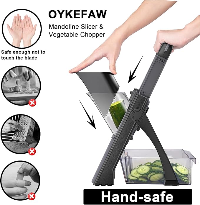 Safe Mandoline Slicer for Kitchen, 6 in 1 Vegetable Chopper, French Fry Cutter For Potatoes, Potato Slicer,Food Chopper,Adjustable Thickness 0.1-8 mm, With Peeler/Cleaning Brush (Gray)