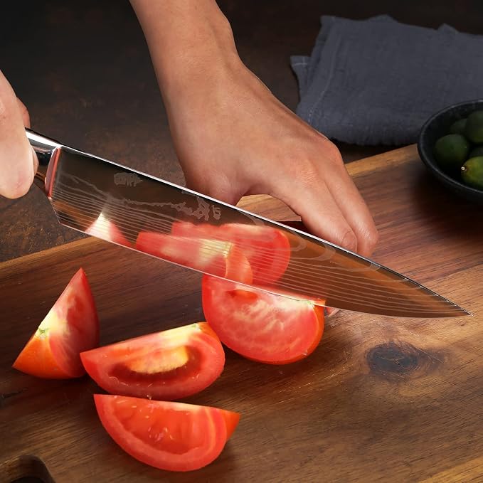 SENKEN 8-Piece Japanese Knife Set - Blue Resin Handle, Laser Damascus Blades - Chef's, Santoku, Bread & Paring Knives