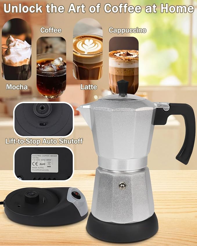 Electric Moka Pot with Detachable Base Aluminum Electric Espresso Maker 10oz 6 Cup 300ml Silver Espresso Coffee Maker Italian Coffee Stovetop Espresso Maker Kitchen Home 110V