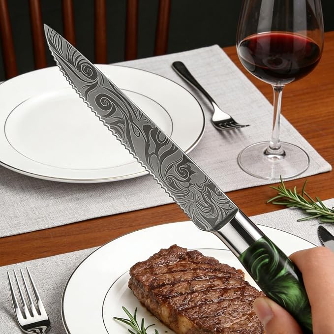 6-Piece Premium Japanese Kitchen Knife Set - Imperial Collection, Laser Damascus Pattern, 440A Stainless Steel Ultra Sharp for Fast Cutting (Green Steak Knife)