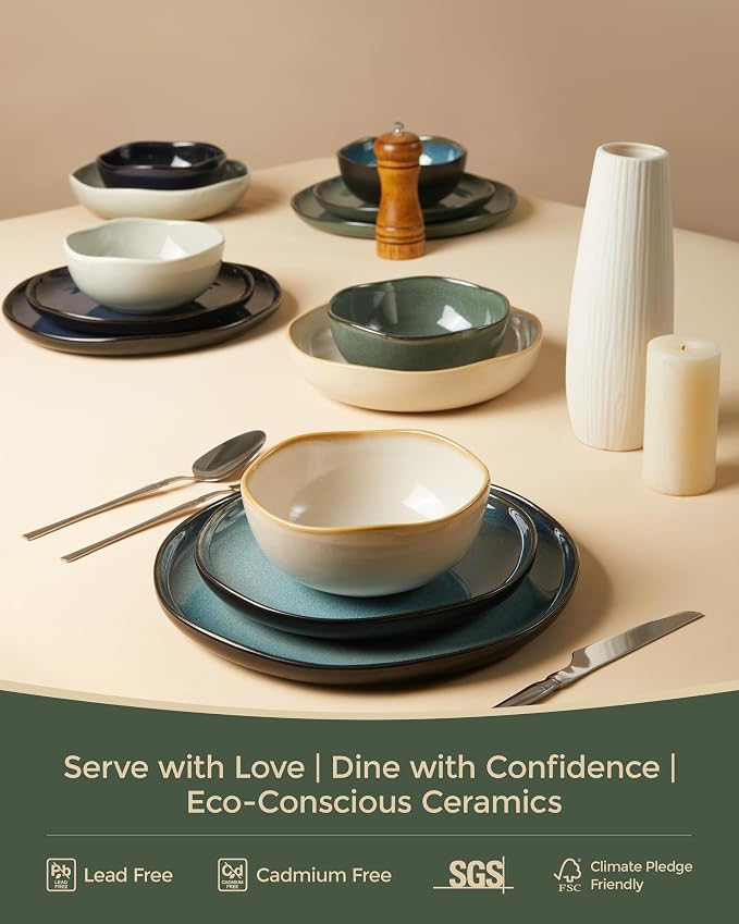 Pokini Ceramic Plates and Bowls Set, Everyday Dinnerware Set for 4, Wavy Rim Kitchen Dish Set, Chip Resistant Dishware Sets, Dishwasher Safe Dinner Set, Designed for Simple Meals, Forest Green