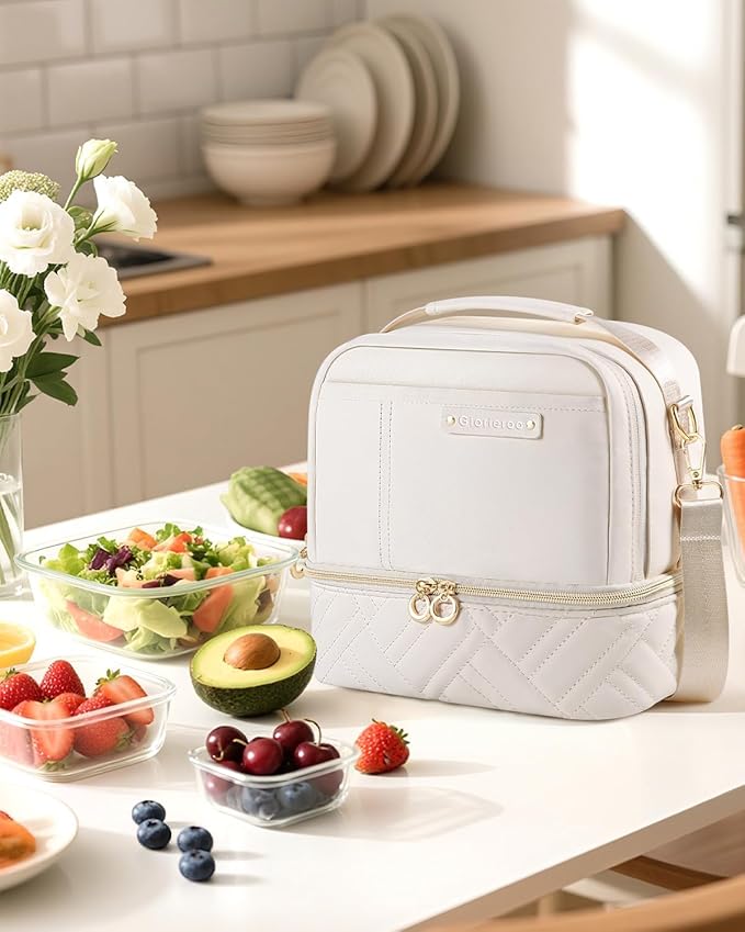 Double Deck Lunch Box Bag Women - Vegan Leather Insulated Waterproof Leakproof Cooler for Work Travel Picnics - Teacher Mothers Day Christmas Birthday Gifts