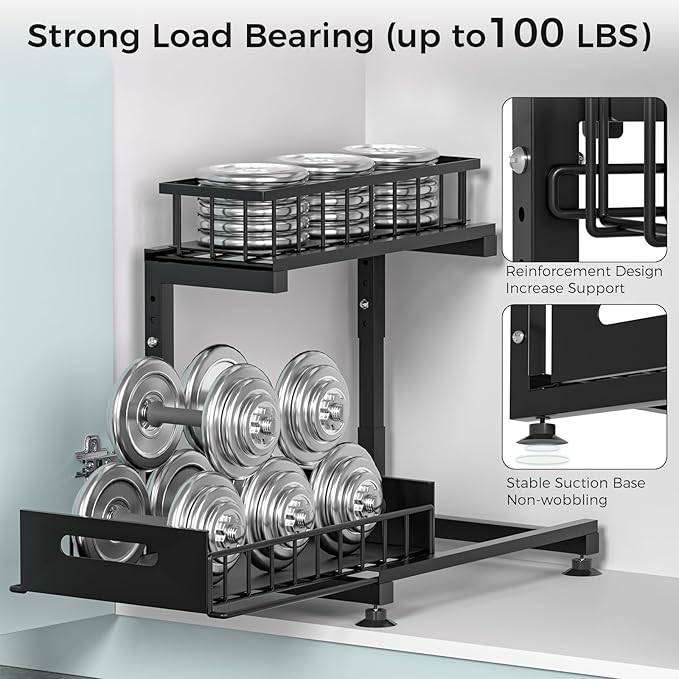 Under Sink Organizer, 2-Tier Premium Metal Pull-Out Racks with Adjustable Height, Heavy Duty Sliding Bin for Bathroom and Kitchen Cabinet Storage, Rust Resistant 1 Pack Black