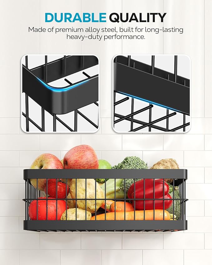 Nieifi Hanging Fruit Basket 4 Pack, Wall Mounted or Adhesive Kitchen Storage Baskets with Hooks Rack & Paper Towel Holder for Pantry, Fruit & Vegetable Storage
