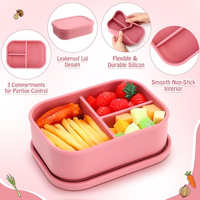 Honeydak 4 Pcs Silicone Bento Box for Adults, 3 Compartment Lunchable Food Container for Women Men, Leak Proof Microwave Dishwasher Freezer Safe (Red)