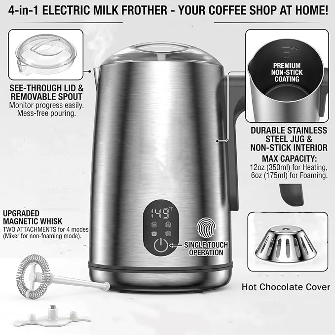 Milk Frother Electric, 4-in-1 Milk Frother and Steamer for Latte, Cappuccino, Hot & Cold Milk Froth Maker, Automatic Milk Steamer and Frother, Quiet One-Touch Operation, Easy to Clean,Brushed Silver
