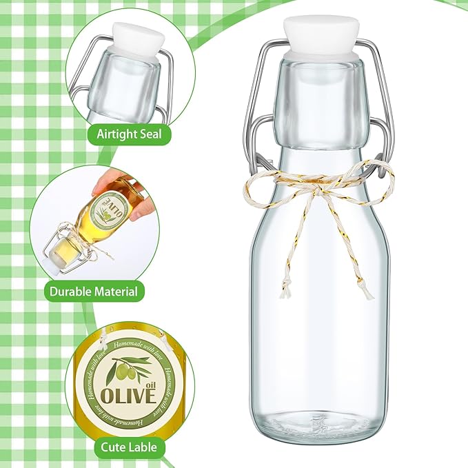 Queekay 20 Pack Mini Swing Top Glass Bottles for Vanilla Extract Homemade Olive Oil Bottles with Lids Airtight Cap Lids Labels for Wedding Baby Shower Favors (4 oz,Clear)