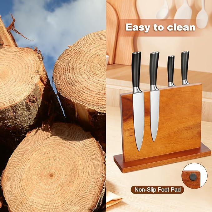 Magnetic Knife Block, Acacia Wood Knife Holder Stand with Strong Magnets, Double Side Knife Storage Rack for Kitchen (Brown)