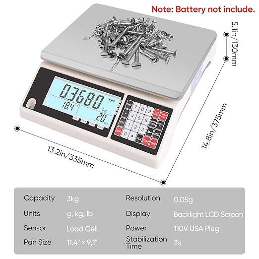 Industrial Counting Scale 3kg/0.05g with RS232 Port Digital Inventory Counting Scale for Parts Coins Piece Counting Scale for Computer/Printer, Precision Electronic Gram Scale(g/kg/lb)