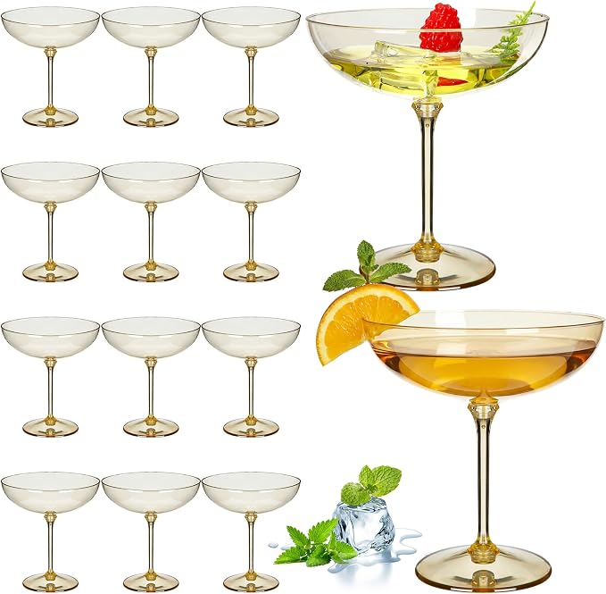 LemonRoad 12 Pcs Plastic Coupe Glasses 9 oz Disposable Martini Glasses for Cocktails, Champagne, Desserts and Espresso, Drinkware Set for Weddings, Birthday Parties, Home Bars (Gold)